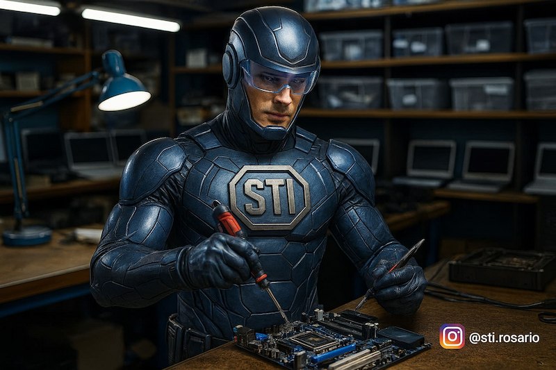 Técnico reparando computadora - Urgencias técnicas STI Rosario